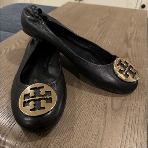 Tory Burch Black Flats with Gold Logo